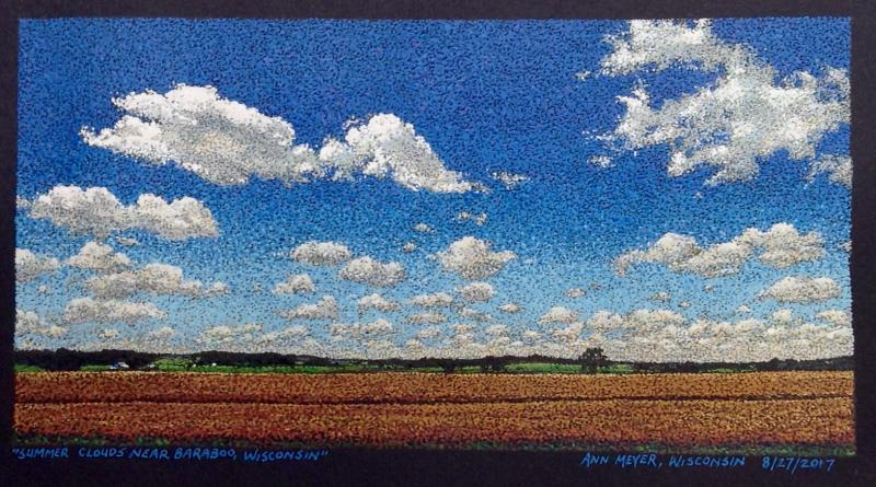 "Summer Clouds near Baraboo, Wisconsin," by Ann Meyer, West Bend, WI. 7"x3 3/4", acrylic ink on Fabriano paper. 8/27/2017.